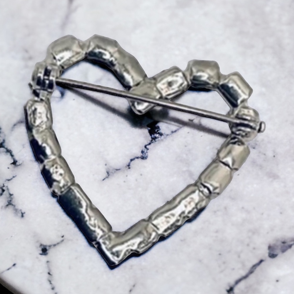 Vintage Blue Rhinestone Silver Tone Heart Brooch - Picture 4 of 4